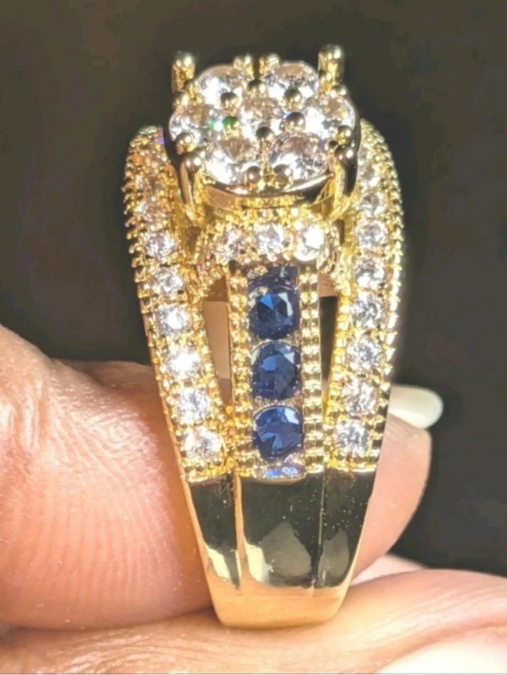 Classic Gold-Plated Blue Lab Created Sapphire Cluster Ring - Women Jewelry Sz 10